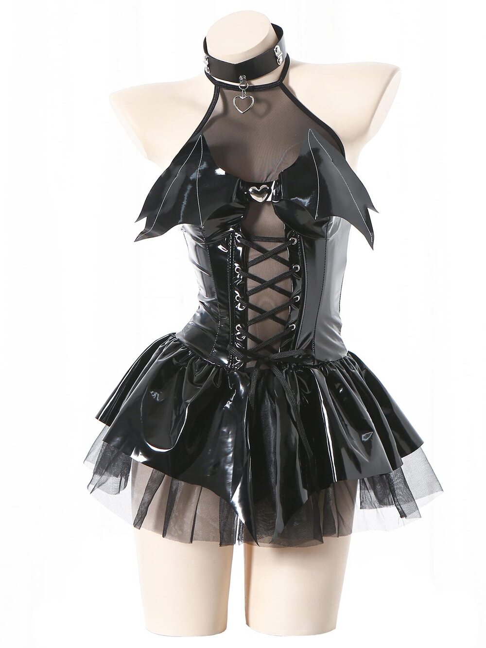6160 Leather Bodysuit Cute Anime Costumes Strap-On Bat Imp Skirt Set.XXL